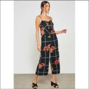 TOPSHOP Grid Plaid Floral Jumpsuit Sleeveless Size 2‎ Spaghetti Strap